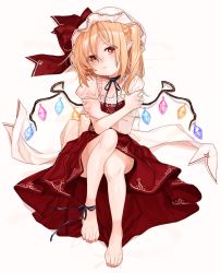 Rule 34 | 1girl, ankle ribbon, anklet, bad id, bad twitter id, bare legs, barefoot, black ribbon, blonde hair, feet, flandre scarlet, full body, gotou (nekocat), hat, hat ribbon, highres, jewelry, leg ribbon, looking at viewer, nail polish, neck ribbon, pointy ears, puffy short sleeves, puffy sleeves, red eyes, red nails, red ribbon, red skirt, ribbon, short sleeves, simple background, sitting, skirt, solo, toenail polish, toenails, toes, touhou, white background, wings