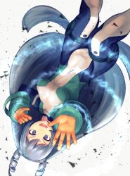 Rule 34 | 10s, 1girl, absurdres, artist request, blue eyes, blue hair, bodysuit, boku no hero academia, breasts, covered navel, drill hair, energy, gauntlets, gloves, hadou nejire, hands up, happy, highres, legs together, long hair, looking at viewer, matching hair/eyes, medium breasts, navel, open mouth, outstretched arm, simple background, skin tight, smile, solo, teeth, thigh strap, tongue, upper teeth only, upside-down, very long hair