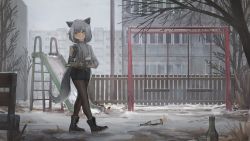 Rule 34 | animal ears, bench, boots, bottle, bright pupils, brown eyes, building, cup, grey hair, highres, holding, holding cup, jaana kettu, mechanical arms, original, outdoors, pantyhose, playground, shorts, single mechanical arm, slide, snow, sweater, swing, tail, tree, walking, white pupils, winter, wolf tail, xerbatt