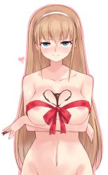 Rule 34 | 1girl, bad id, bad pixiv id, blue eyes, blush, breasts, candy, character request, chocolate, chocolate heart, chocolate on body, chocolate on breasts, copyright request, covered erect nipples, crossed arms, food, food on body, hairband, heart, long hair, medium breasts, naked ribbon, nose blush, out-of-frame censoring, ribbon, smile, solo, very long hair, yoi naosuke