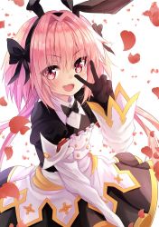 Rule 34 | 1boy, animal ears, artist name, astolfo (fate), astolfo (saber) (third ascension) (fate), blush, fake animal ears, fang, fate/grand order, fate (series), frills, gloves, hair intakes, hair ornament, hair ribbon, highres, long hair, long sleeves, male focus, open mouth, pink eyes, pink hair, puffy sleeves, ribbon, skirt, smile, trap, victory pose, watermark, white background, yukibunns