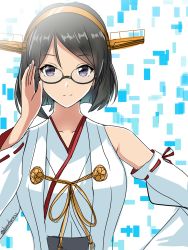 Rule 34 | 1girl, adjusting eyewear, black hair, closed mouth, detached sleeves, glasses, grey eyes, hand up, headgear, highres, kantai collection, kirishima (kancolle), kirishima kai ni (kancolle), looking at viewer, nontraditional miko, one-hour drawing challenge, parted bangs, ribbon-trimmed sleeves, ribbon trim, roko roko (doradorazz), semi-rimless eyewear, short hair, simple background, smile, solo, twitter username, upper body