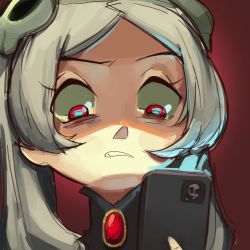 Rule 34 | 1girl, absurdres, bloody marie (skullgirls), brooch, bubene, cellphone, frown, grey hair, grimace, hair ornament, highres, jewelry, phone, portrait, red background, red eyes, skull hair ornament, skullgirls, smartphone, solo, wide-eyed