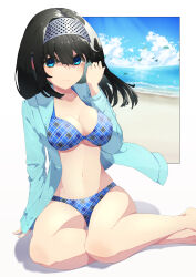 Rule 34 | 1girl, absurdres, aqua jacket, arm support, bare legs, barefoot, bikini, black hair, blue bikini, blue eyes, breasts, cleavage, collarbone, commentary request, falling leaves, floating hair, highres, idolmaster, idolmaster cinderella girls, jacket, jacket over swimsuit, knightsaru, leaf, light smile, long hair, looking at viewer, medium breasts, navel, open clothes, open jacket, outdoors, plaid bikini, plaid clothes, sagisawa fumika, sitting, solo, stomach, swimsuit, yokozuwari