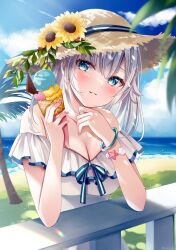 Rule 34 | 1girl, blue eyes, blue sky, blush, breasts, brown hat, cleavage, cloud, commentary request, day, double scoop, dress, flower, food, frilled dress, frills, grey hair, hair between eyes, hands up, hat, hat flower, highres, holding, holding food, horizon, ice cream, ice cream cone, long hair, looking at viewer, medium breasts, ocean, off-shoulder dress, off shoulder, original, outdoors, palm tree, parted lips, railing, revision, sakura hiyori, sky, smile, solo, straw hat, summer, tree, upper body, water, white dress, yellow flower