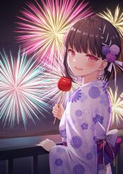 Rule 34 | 1girl, :d, absurdres, aerial fireworks, black hair, blunt bangs, braid, candy apple, commentary request, fireworks, floral print, flower, food, from behind, hair flower, hair ornament, highres, holding, holding food, izumo neru, japanese clothes, kimono, long sleeves, looking at viewer, looking back, night, night sky, obi, open mouth, original, outdoors, pink flower, pink rose, print kimono, purple flower, purple rose, railing, red eyes, rose, sash, sky, smile, solo, teeth, upper teeth only, white kimono, wide sleeves, yukata