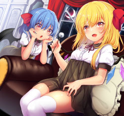 Rule 34 | 2girls, :d, alternate costume, bat wings, blonde hair, blue hair, blush, bow, breasts, bright pupils, commentary request, crescent moon, crystal, curtains, dutch angle, fang, feet out of frame, flandre scarlet, floral print, hair between eyes, hair bow, hands on own cheeks, hands on own face, head rest, head tilt, holding, holding stick, indoors, long hair, looking at viewer, medium hair, mimikaki, moon, multiple girls, night, night sky, open mouth, pillow, puffy short sleeves, puffy sleeves, red bow, red eyes, red neckwear, red ribbon, remilia scarlet, ribbon, rimu (kingyo origin), short sleeves, sitting, skin fang, sky, small breasts, smile, stick, thighhighs, thighs, touhou, white legwear, window, wing collar, wings