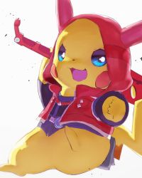 Rule 34 | :3, animal focus, arm up, backlighting, belt, black shirt, blue eyes, blush stickers, bottomless, clothed pokemon, cosplay, creatures (company), fox heart, full body, game freak, gen 1 pokemon, happy, highres, holding, holding sword, holding weapon, hood, hooded vest, hoodie, jpeg artifacts, long sleeves, looking at viewer, monado, nintendo, no humans, open clothes, open mouth, open vest, outstretched arm, pikachu, pokemon, pokemon (creature), pouch, red vest, shirt, shulk (xenoblade), shulk (xenoblade) (cosplay), simple background, smile, solo, sword, vest, weapon, white background, xenoblade chronicles: future connected, xenoblade chronicles (series), xenoblade chronicles 1
