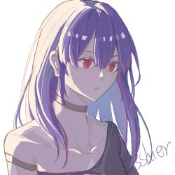 Rule 34 | 1girl, arm strap, black choker, black shirt, character request, choker, collarbone, colored eyelashes, copyright request, highres, long hair, purple hair, red eyes, shirt, simple background, single-shoulder shirt, solo, sshier, upper body, white background