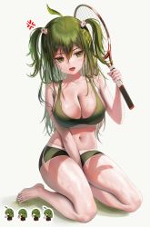 Rule 34 | 1girl, absurdres, ahoge, anger vein, animal hair ornament, bare shoulders, barefoot, between legs, bra, breasts, chibi, cleavage, collarbone, cup, drinking, fangs, full body, green bra, green eyes, green hair, green nails, hair between eyes, hair ornament, hand between legs, highres, holding, holding cup, kneeling, large breasts, leaf, leaf on head, long hair, looking to the side, multiple views, myabit, nail polish, navel, open mouth, original, racket, short shorts, short twintails, shorts, sports bra, sportswear, sweat, teacup, tennis racket, twintails, underwear, white background