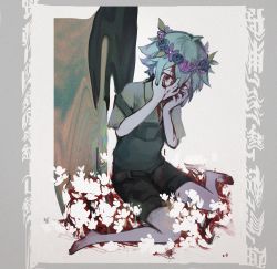 Rule 34 | 1boy, abstract, barefoot, basil (headspace) (omori), basil (omori), blood, blood on clothes, blood on face, collared shirt, commentary request, covering face, flower, flower wreath, green hair, hands on own face, head wreath, highres, male focus, miyashita miro, omori, overalls, red eyes, shirt, short hair, translation request, white flower, white shirt