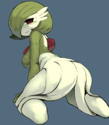 Rule 34 | 1girl, ass, blue background, blush, breasts, colored skin, creatures (company), female focus, from behind, game freak, gardevoir, gen 3 pokemon, green skin, highres, looking back, nintendo, pokemon, pokemon (creature), red eyes, simple background, solo, sweat, wavy mouth, white skin, yeti (mu kaiten)