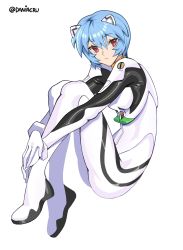 1girl, absurdres, artist name, ayanami rei, bangs, bodysuit, breasts, curled up, daniaeru, eyebrows visible through hair, floating, from side, highres, interface headset, neon genesis evangelion, pilot suit, plugsuit, red eyes, short hair, small breasts, solo, white background