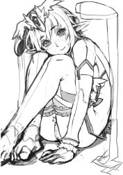 Rule 34 | 1girl, bad id, bad pixiv id, barefoot, blush, destiny (ishida), detached sleeves, elf, greyscale, headdress, highres, knees to chest, knees together feet apart, looking at viewer, mama (mama hiro), monochrome, original, pointy ears, pussy, sitting, sketch, smile, solo, sweatdrop, toes
