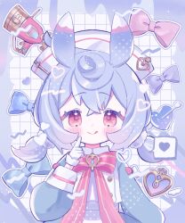Rule 34 | 1girl, :q, animal ears, apron, aqua shirt, arrow through heart, blue border, blue bow, blue hair, blush, border, bow, bowtie, brooch, buttons, closed mouth, commentary request, crossed bangs, eyelashes, genshin impact, gloves, gradient hair, grid background, gun, hair between eyes, hair ornament, hand up, handgun, hat, heart, highres, index finger raised, jewelry, long sleeves, looking at viewer, low twintails, medium hair, multicolored hair, nurse cap, outside border, pink bow, pom pom (clothes), pom pom hair ornament, puffy long sleeves, puffy sleeves, purple hair, red bow, red bowtie, red eyes, sango (35sangosan), shirt, short twintails, sidelocks, sigewinne (genshin impact), simple background, smile, solo, speech bubble, spoken heart, tongue, tongue out, twintails, upper body, weapon, white apron, white background, white gloves, white hat