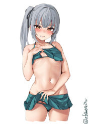 Rule 34 | 1girl, aqua bikini, bare arms, bare legs, bare shoulders, bikini, black ribbon, collarbone, cowboy shot, cropped legs, ebifurya, frown, grey hair, hair ribbon, hand up, highres, kantai collection, kasumi (kancolle), long hair, looking at viewer, navel, one-hour drawing challenge, ribbon, side ponytail, simple background, solo, swimsuit, twitter username, white background, yellow eyes