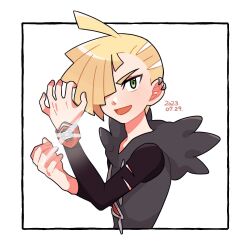 Rule 34 | 1boy, :d, ahoge, black shirt, blonde hair, bracelet, commentary request, creatures (company), daifuku (pokefuka art), dated, ear piercing, framed, game freak, gladion (pokemon), green eyes, grey vest, hair over one eye, hands up, hood, hooded vest, hoodie, jewelry, male focus, nintendo, open mouth, outside border, piercing, pokemon, pokemon sm, shirt, short hair, smile, solo, tassel, torn clothes, torn shirt, upper body, vest, white background, z-ring