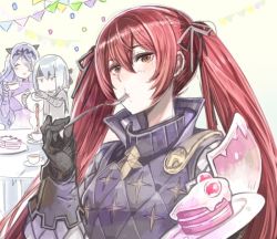 Rule 34 | 3girls, armor, bad id, bad twitter id, beruka (fire emblem), black gloves, black ribbon, blue hair, cake, camilla (fire emblem), cup, closed eyes, fire emblem, fire emblem fates, food, fork, gloves, hair over one eye, headband, holding, holding cup, holding fork, long hair, multiple girls, nintendo, plate, pouring, purple hair, red hair, ribbon, selena (fire emblem fates), short hair, smile, table, teacup, teapot, tiara, toyo sao, twintails