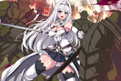 Rule 34 | 1girl, 4boys, armor, axe, blood, breasts, cleavage, decapitation, female knight, fighting, knight, large breasts, long hair, lyricbox, multiple boys, orc, purple eyes, shingeki no orc, silver hair, sword, thighhighs, weapon, zettai ryouiki