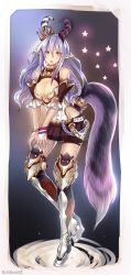 Rule 34 | 1girl, armor, breasts, choker, cleavage, crown, highres, horns, kab00m chuck, large breasts, light purple hair, long hair, looking at viewer, md5 mismatch, miniskirt, original, pointy ears, resolution mismatch, skirt, solo, source larger, star (symbol), tail, yellow eyes