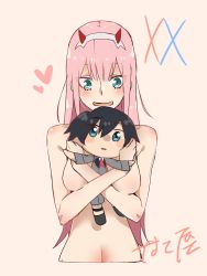 Rule 34 | 10s, 1girl, black hair, blue eyes, breasts, couple, darling in the franxx, doll, green eyes, highres, hiro (darling in the franxx), holding, holding doll, horns, long hair, medium breasts, nakoya (nane cat), nude, open mouth, pink hair, short hair, signature, smile, solo, zero two (darling in the franxx)
