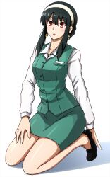 Rule 34 | 1girl, bare legs, black footwear, black hair, commentary, dress shirt, earrings, flats, full body, green skirt, green vest, hairband, highres, jewelry, kneeling, long hair, long sleeves, looking at viewer, miniskirt, office lady, omachi (slabco), open mouth, pencil skirt, red eyes, seiza, shadow, shirt, sidelocks, simple background, sitting, skirt, solo, spy x family, vest, white background, white hairband, white shirt, wing collar, yor briar