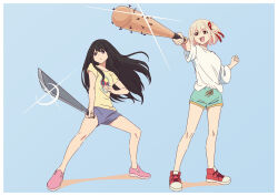 Rule 34 | 2girls, asada7101, baseball bat, black hair, blonde hair, blue background, blue shorts, bob cut, border, breasts, closed mouth, commentary request, glint, hair ribbon, highres, holding, holding baseball bat, holding machete, inoue takina, long hair, lycoris recoil, medium breasts, multiple girls, nail, nail bat, nishikigi chisato, open mouth, partial commentary, pink footwear, purple eyes, red eyes, red footwear, red ribbon, ribbon, shirt, short hair, short sleeves, shorts, sidelocks, simple background, sleeves past elbows, small breasts, teeth, upper teeth only, white border, white shirt, yellow shirt