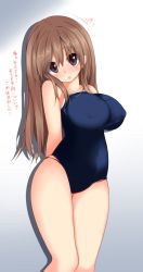Rule 34 | 1girl, blush, breasts, brown eyes, brown hair, competition school swimsuit, covered erect nipples, denpaken pochi, head tilt, highres, large breasts, long hair, looking at viewer, navel, one-piece swimsuit, open mouth, original, school swimsuit, silhouette, simple background, solo, swimsuit, taut clothes, white background