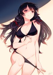 Rule 34 | 1girl, arm at side, bikini, bikini pull, black hair, blew andwhite, breasts, cleavage, clothes pull, front-tie bikini top, front-tie top, hair ribbon, highres, isokaze (kancolle), kantai collection, large breasts, long hair, looking at viewer, lying, navel, on back, pulling own clothes, red eyes, ribbon, smile, solo, swimsuit