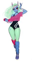 Rule 34 | 1girl, :o, absurdres, bandaged wrist, bandages, black leotard, blue oni, blue skin, colored skin, commentary, dumbbell, english commentary, full body, green hair, green pantyhose , hand up, headband, highres, holding, horns, leg warmers, leotard, long hair, looking at viewer, matilda fiship, multicolored hair, one eye closed, oni, oni horns, original, pantyhose, parted lips, purple footwear, red eyes, ringed eyes, shoes, simple background, solo, streaked hair, sweat, thigh gap, white background