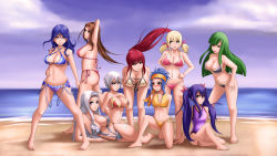 Rule 34 | 6+girls, ass, beach, bikini, bisca mulan, blonde hair, blue eyes, blue hair, blush, breast hold, breasts, brown eyes, brown hair, cana alberona, cleavage, erza scarlet, evergreen (fairy tail), fairy tail, green hair, hair ribbon, juvia lockser, kneeling, large breasts, levy mcgarden, lipstick, lisanna strauss, long hair, looking at viewer, lucy heartfilia, lying, makeup, mirajane strauss, multiple girls, navel, ocean, on side, parted lips, ponytail, red hair, ribbon, rocky-ace, short hair, silver hair, sitting, small breasts, smile, standing, swimsuit, twintails, wendy marvell