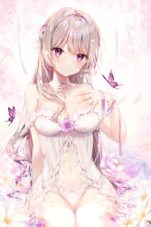 Rule 34 | 1girl, arm at side, babydoll, bare shoulders, blush, bow, bow panties, breasts, brown hair, bug, butterfly, cleavage, closed mouth, collarbone, commentary request, detached collar, flower, hair intakes, hand on own chest, highres, insect, long hair, looking at viewer, medium breasts, navel, original, panties, pink bow, pink flower, purple eyes, sitting, smile, solo, strap slip, taya oco, thigh gap, thighhighs, underwear, underwear only, very long hair, white panties, white thighhighs