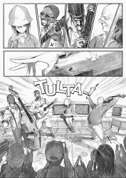 Rule 34 | 10s, 1girl, 3boys, bald, beret, comic, double bass, finnish text, girls und panzer, greyscale, guitar, hat, highres, instrument, kantele, keizoku school uniform, ladic, long hair, long sleeves, mika (girls und panzer), monochrome, multiple boys, school uniform, shirt, smile, speed lines, striped clothes, striped shirt, sunglasses, vertical-striped clothes, vertical-striped shirt, violin
