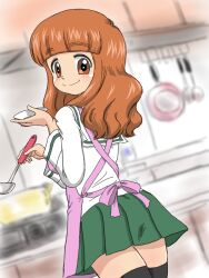 Rule 34 | 1girl, apron, black thighhighs, blouse, blunt bangs, closed mouth, commentary, cooking, dutch angle, from behind, girls und panzer, green skirt, holding, holding ladle, holding saucer, indoors, kitchen, ladle, long hair, long sleeves, looking at viewer, looking back, miniskirt, ooarai school uniform, orange eyes, orange hair, pink apron, pleated skirt, saucer, school uniform, serafuku, shirt, skirt, smile, solo, standing, takahashi kurage, takebe saori, thighhighs, white shirt
