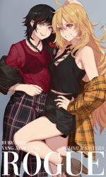 Rule 34 | !?, 2girls, ahoge, alternate costume, ankle boots, arm around waist, arm up, badge, bare legs, bare shoulders, black hair, black jacket, black pants, black shirt, black shorts, blonde hair, boots, bracelet, breasts, brown footwear, button badge, casual, character name, cleavage, collarbone, commentary, cover, dishwasher1910, english commentary, fake cover, grey background, grey eyes, grin, hand on another&#039;s head, hand on own hip, head tilt, high heel boots, high heels, jacket, jewelry, leg up, long hair, looking at viewer, medium breasts, multicolored hair, multiple girls, off shoulder, open clothes, open jacket, orange jacket, pants, parted lips, plaid, plaid jacket, plaid pants, purple eyes, red hair, red shirt, ruby rose, rwby, shirt, short hair, shorts, siblings, simple background, sisters, smile, standing, standing on one leg, streaked hair, swept bangs, teeth, very long hair, yang xiao long