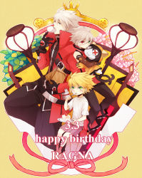 Rule 34 | 3boys, age progression, black pants, blazblue, blonde hair, cake, character doll, doll, eating, food, highres, jacket, jubei (blazblue), male focus, multiple boys, pants, ragna the bloodedge, red jacket, silver hair, tomo (tomorag7), aged down