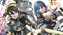 Rule 34 | 2girls, armor, black hair, blue eyes, blue hair, breastplate, breasts, byleth (female) (fire emblem), byleth (fire emblem), corrin (female) (fire emblem), corrin (fire emblem), fire emblem, fire emblem: three houses, fire emblem fates, hair between eyes, heroes relic (fire emblem), holding, holding sword, holding weapon, large breasts, long hair, medium hair, multiple girls, nintendo, open mouth, pointy ears, red eyes, simple background, slit pupils, super smash bros., sword, sword of the creator, tagme, weapon, white background, yappen, yato (fire emblem)