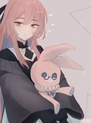 Rule 34 | 1girl, absurdres, angela (neural cloud), black dress, commentary, dress, english commentary, girls&#039; frontline, girls&#039; frontline neural cloud, hair between eyes, highres, holding, holding stuffed toy, long hair, long sleeves, looking at viewer, pink hair, smile, solo, stuffed animal, stuffed rabbit, stuffed toy, t tac0, upper body, yellow eyes