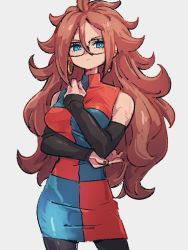 Rule 34 | 1girl, android 21, blue eyes, breasts, checkered clothes, checkered dress, closed mouth, dragon ball, dragon ball fighterz, dress, earrings, glasses, grey background, hoop earrings, jewelry, kemachiku, looking at viewer, medium breasts, pantyhose, red hair, simple background, solo