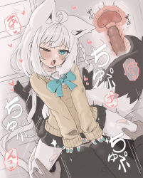 Rule 34 | 1boy, 1girl, ahoge, animal ear fluff, animal ears, blue eyes, bow, bowtie, censored, clothed sex, cowgirl position, girl on top, heart, hololive, moaning, mosaic censoring, one eye closed, penis, pleated skirt, school uniform, sex, shirakami fubuki, shiroi yoru, skirt, straddling, tail, uterus, virtual youtuber, white hair, x-ray