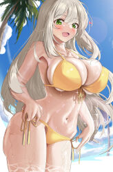 Rule 34 | 1girl, absurdres, anti kumo, bikini, blue archive, blush, breasts, collarbone, front-tie top, green eyes, highres, huge breasts, light brown hair, long hair, looking at viewer, navel, nonomi (blue archive), nonomi (swimsuit) (blue archive), official alternate costume, open mouth, outdoors, revision, side-tie bikini bottom, solo, stomach, swimsuit, thick thighs, thighs, wet, yellow bikini