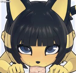 1girl :3 alternate_hair_color animal_crossing animal_ears animal_feet animal_nose ankha_(animal_crossing) artist_name black_eyeliner black_hair blonde_hair blue_background blue_eyes blunt_bangs blush bob_cut body_fur border cat_ears cat_girl cat_tail disembodied_penis erection eyeliner fellatio furry furry_female furry_with_non-furry hetero interspecies light_blush looking_at_viewer lying multicolored_hair nintendo nose_blush on_stomach open_mouth oral outline outside_border penis portrait pov rengaboo short_hair sidelocks solo_focus straight-on tail two-tone_hair v-shaped_eyebrows watermark white_border white_outline yellow_fur