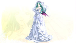Rule 34 | 1girl, :o, alternate costume, aqua hair, bare shoulders, bat wings, breasts, bridal veil, bride, capcom, cleavage, cross edge, demon girl, detached sleeves, dress, female focus, finger to mouth, frills, full body, green eyes, green hair, hair ornament, lace, large breasts, long hair, matching hair/eyes, morrigan aensland, nakamura tatsunori, off shoulder, official art, official wallpaper, open mouth, pointing, see-through, solo, standing, vampire (game), veil, wallpaper, wedding dress, white dress, wings, zoom layer
