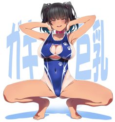 Rule 34 | 1girl, absurdres, armpits, arms up, bare legs, black hair, blue one-piece swimsuit, blush, breasts, cleavage, cleavage cutout, clothes pull, clothing cutout, collar, collarbone, covered navel, half-closed eyes, highres, large breasts, long hair, looking at viewer, one-piece swimsuit, one-piece swimsuit pull, one-piece tan, open mouth, original, shinomu (cinomoon), sideboob, simple background, smile, solo, spread legs, squatting, swimsuit, tan, tanline, teeth, text background, two side up, upper teeth only, white background
