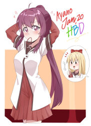 Rule 34 | 2girls, absurdres, ahoge, arms behind head, birthday, blonde hair, blush, bow, breasts, character name, dated, hair bow, hair tie in mouth, happy birthday, highres, long hair, mouth hold, multiple girls, nanamori school uniform, nonroastet, open mouth, ponytail, purple eyes, purple hair, red skirt, school uniform, shiny skin, skirt, small breasts, smile, sugiura ayano, thumbs up, toshinou kyouko, yuru yuri