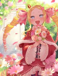 Rule 34 | 1girl, :d, beatrice (re:zero), blonde hair, butterfly-shaped pupils, capelet, crown, dress, drill hair, flower, frilled dress, frilled sleeves, frills, fur-trimmed capelet, fur trim, garden, hair ornament, highres, holding, holding flower, mini crown, open mouth, parupin, petals, re:zero kara hajimeru isekai seikatsu, ribbon, rose, smile, solo, symbol-shaped pupils, twin drills, wide sleeves