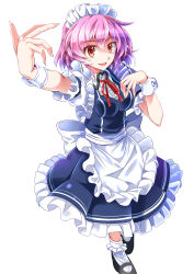 Rule 34 | 1girl, alternate costume, apron, blue dress, breasts, cosplay, dress, e.o., enmaided, highres, izayoi sakuya, izayoi sakuya (cosplay), large breasts, maid, maid apron, maid headdress, open mouth, outstretched arm, pink eyes, pink hair, puffy short sleeves, puffy sleeves, saigyouji yuyuko, shirt, short sleeves, smile, solo, touhou, waist apron, wrist cuffs