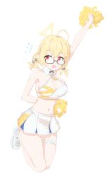 Rule 34 | 1girl, absurdres, antenna hair, arm up, blonde hair, blue archive, breasts, glasses, halo, highres, kotori (blue archive), kotori (cheer squad) (blue archive), large breasts, midriff, miniskirt, mlzml, navel, pom pom (cheerleading), red eyes, skirt, solo, sports bra, white background