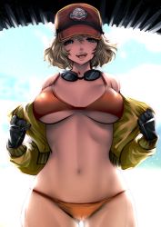 Rule 34 | 10s, 1girl, :d, bikini, black gloves, blonde hair, blue eyes, breasts, cameltoe, cidney aurum, cleavage, dirty, dirty face, final fantasy, final fantasy xv, gloves, goggles, goggles around neck, hat, large breasts, looking at viewer, navel, open mouth, orange bikini, short hair, smile, solo, souryu, swimsuit, teeth, tongue, underboob