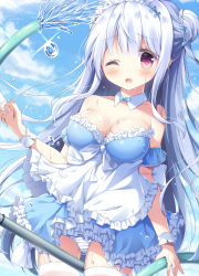 Rule 34 | 1girl, alternate costume, apron, azur lane, bare shoulders, between legs, blue dress, blue sky, braid, breasts, cleavage, cloud, cloudy sky, commentary request, cygnet (an offer to be maid) (azur lane), cygnet (azur lane), d;, day, double bun, dress, enmaided, frilled apron, frilled dress, frills, garter straps, grey hair, hair between eyes, hair bun, highres, hose, long hair, looking at viewer, maid, maid apron, maid headdress, medium breasts, one eye closed, open mouth, outdoors, panties, red eyes, satsuki yukimi, sky, solo, strapless, strapless dress, striped clothes, striped panties, thighhighs, underwear, very long hair, wet, white apron, white thighhighs, wrist cuffs